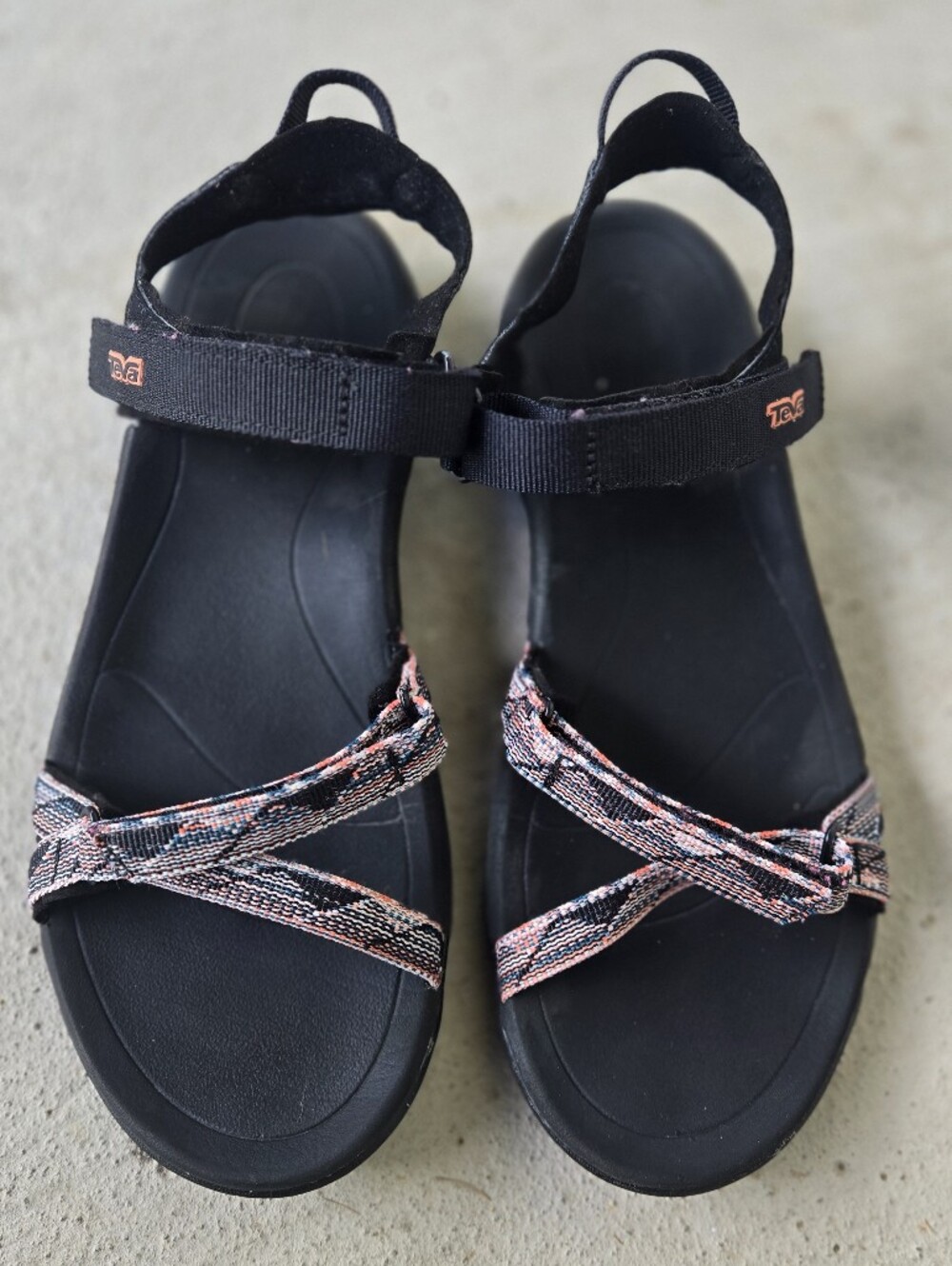 Teva Women's Black Sandals with Pink and Gray Patterned Straps